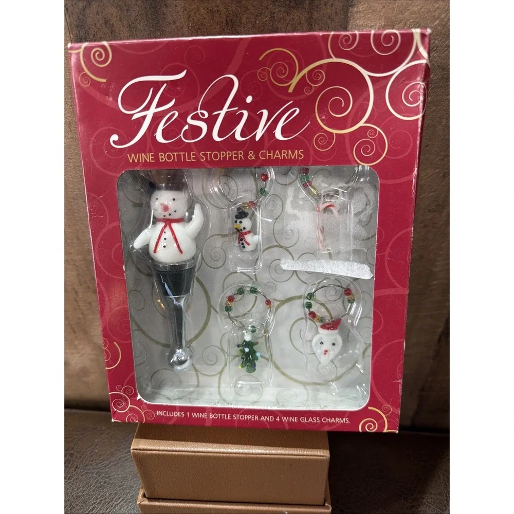 Festive Christmas Snowman Wine Bottle Stopper & 4 Wine Glass Charms Set